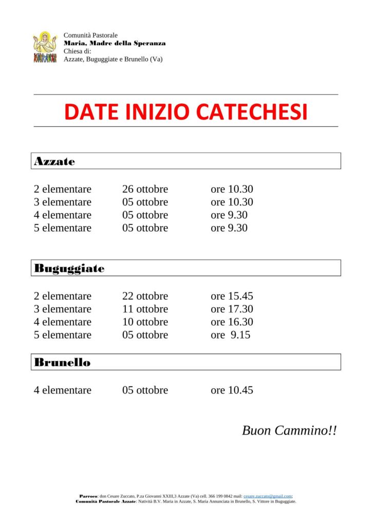 Orari inizio Catechesi 2019