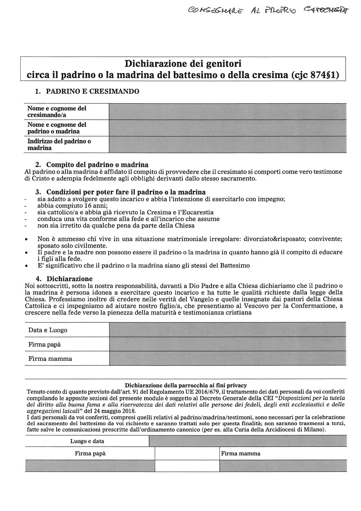 Lettera da parte di una madrina di cresima